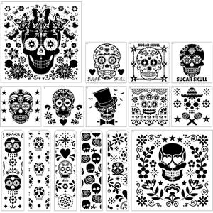 Sugar Skulls Painting Stencils Template - 15 Pcs Day of The Dead Floral Sugar Skulls Traditional Symbols Patterns DIY Stencils Drawing Template Set for Wood Table Clothes T-Shirt Painting DIY Drawing