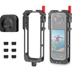 Metal Protective Cage for Insta360 X5, Aluminum Alloy Utility Frame with Silicone Lens Cover & 1/4" Thread Folding Fingers & Cold Shoe Mounts for Microphone/LED Light for Insta 360 Accessories