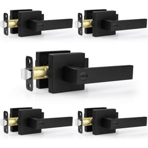 5 Pack Door Handles Black Interior Door Knobs, Home Improvement Keyless Privacy Door Lock, Heavy Duty Zinc Alloy 2.07 lb Door Leverset for Bedrooms Bathrooms