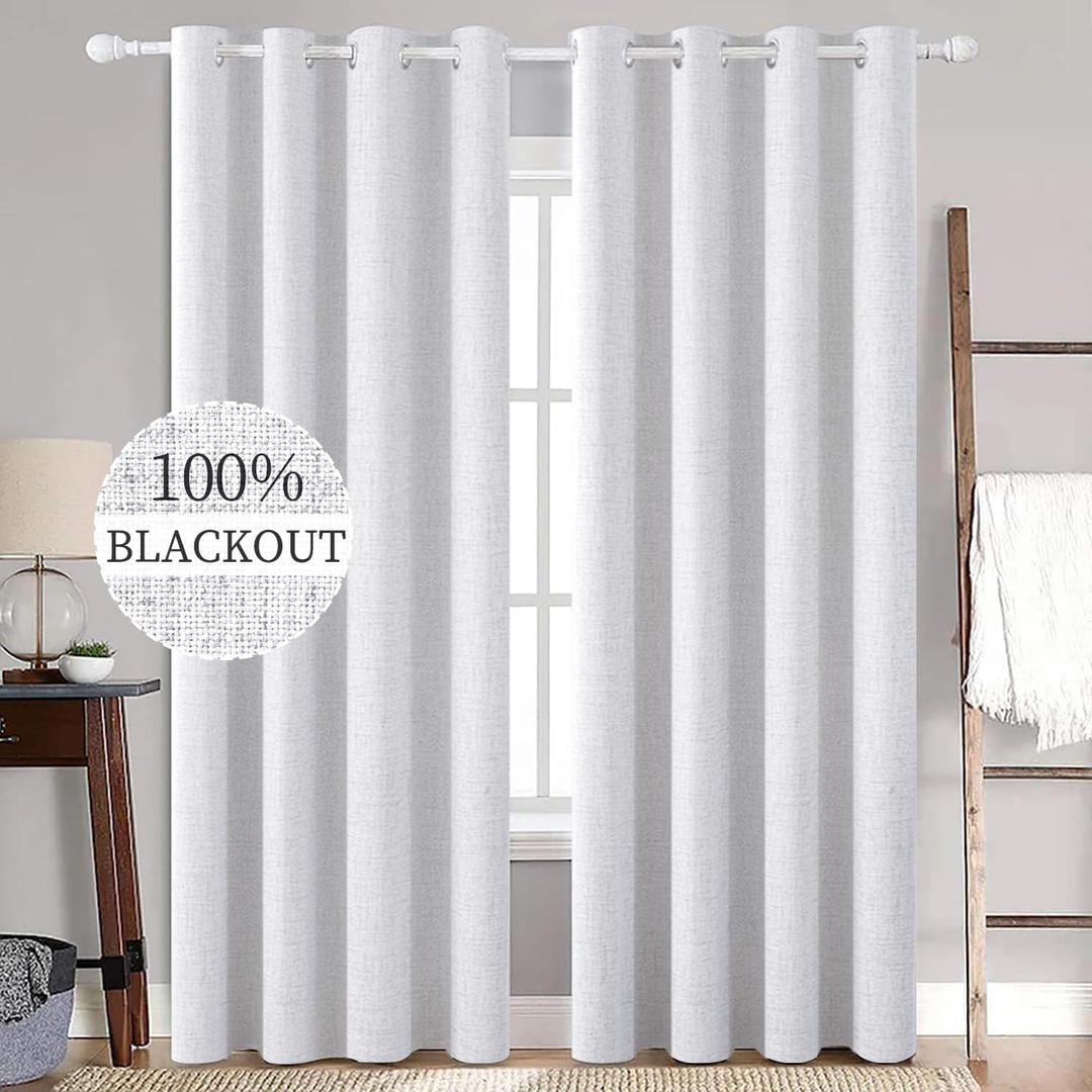 MIULEE White Blackout Curtains Linen Textured for Bedroom Nursery Thermal Insulated Room Darkening Grommet Curtains/Drapes for Living Room Decoration 52x84 Inch Grayish White 2 Panels