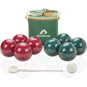 ApudArmis 107mm Bocce Balls Set, Outdoor Tournament Bocce Game for Backyard/Lawn/Beach - Set of 8 Poly-Resin Balls & 1 Pallino & Nylon Carrying Case & Measuring Rope (Red and Green)