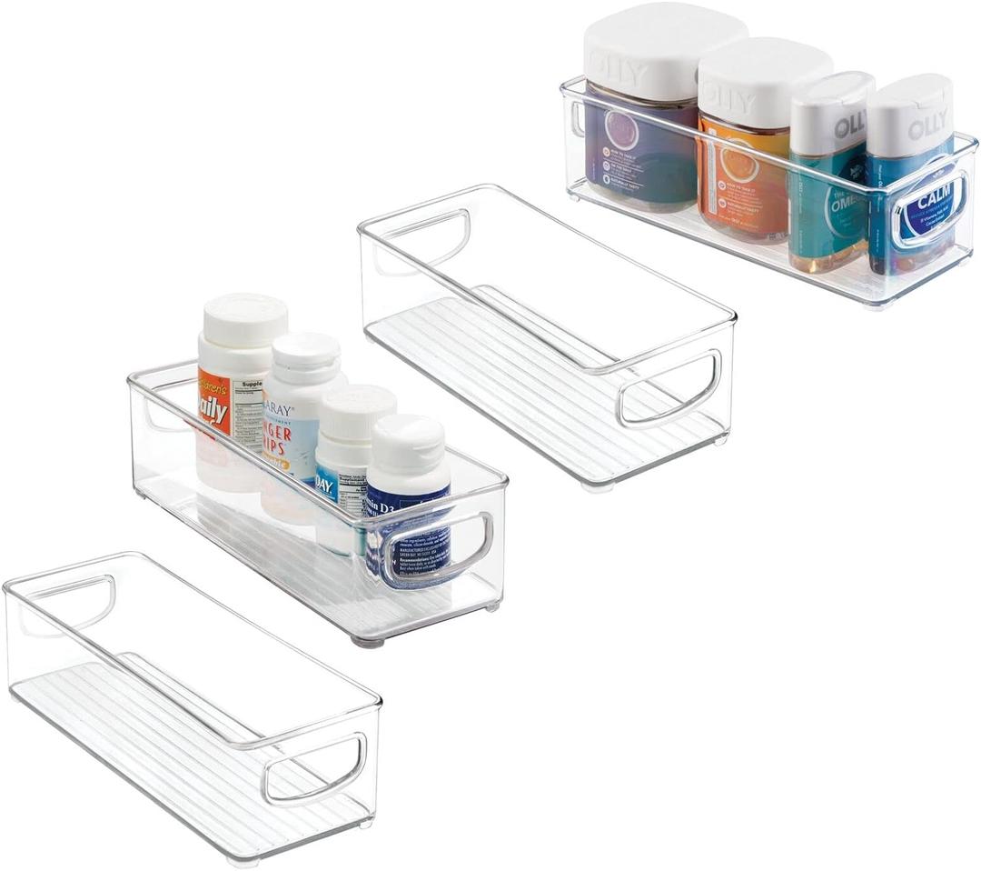 mDesign Stackable Plastic Storage Bin Caddy with Handles - Organizer for Vitamins, Supplements, Serums, Essential Oils, Medical and First Aid Supplies - 3" High, 4 Pack - Clear