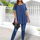 MONNURO Womens Summer Tops Plus Size Tops Short Sleeve Pleated Shirts Swing Blouse Tunic Tops for Curvy Women (Blue, XL)