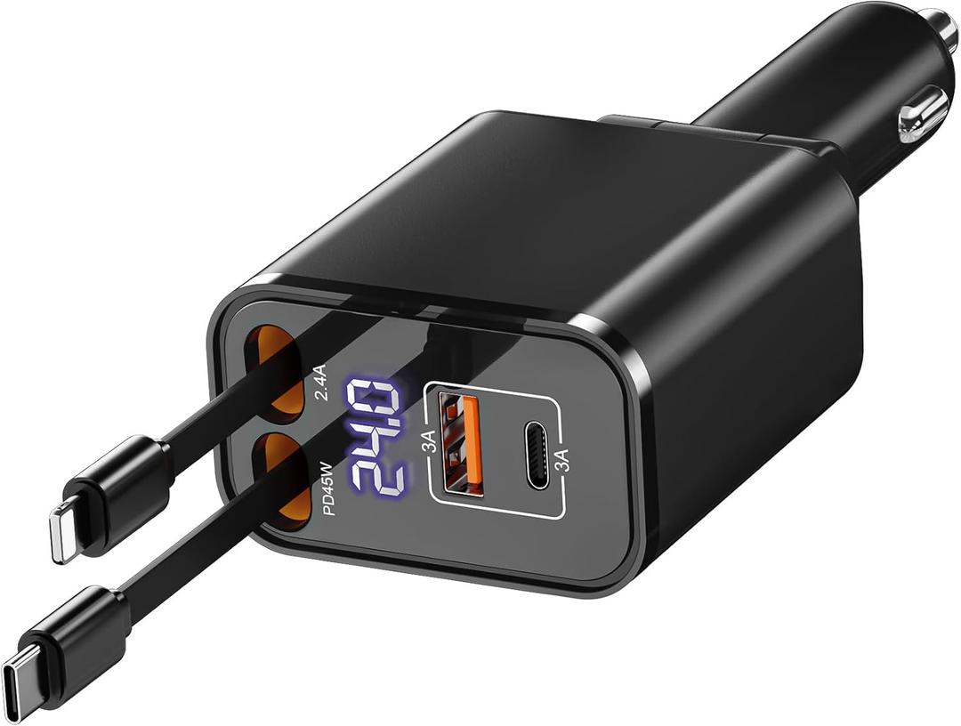 Retractable Car Charger USB C 4 in 1 87W Cigarette Lighter Car Phone Charger Adapter for iPhone 17 with Voltage Display Fast Charge for iPhone,Android,Samsung,etc