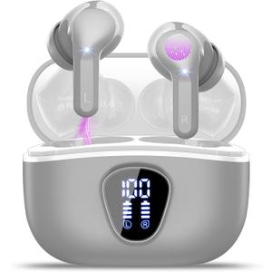 Wireless Earbuds Bluetooth 5.3 Headphones, 40H Playback HiFi Stereo Ear Buds with LED Display, ENC Noise Cancelling Earbuds, IP7 Waterproof in-Ear Earphone for iOS Andriod Sport/Workout/Running/Gray