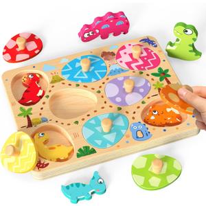 Zeoddler Wooden Puzzles for Toddlers, 8 Pcs Dinosaur Matching Egg Puzzle, Montessori Toys for Boy Girl Easter Birthday Gifts, Preschool Learning Activities & Educational Toys for Boys, Girls