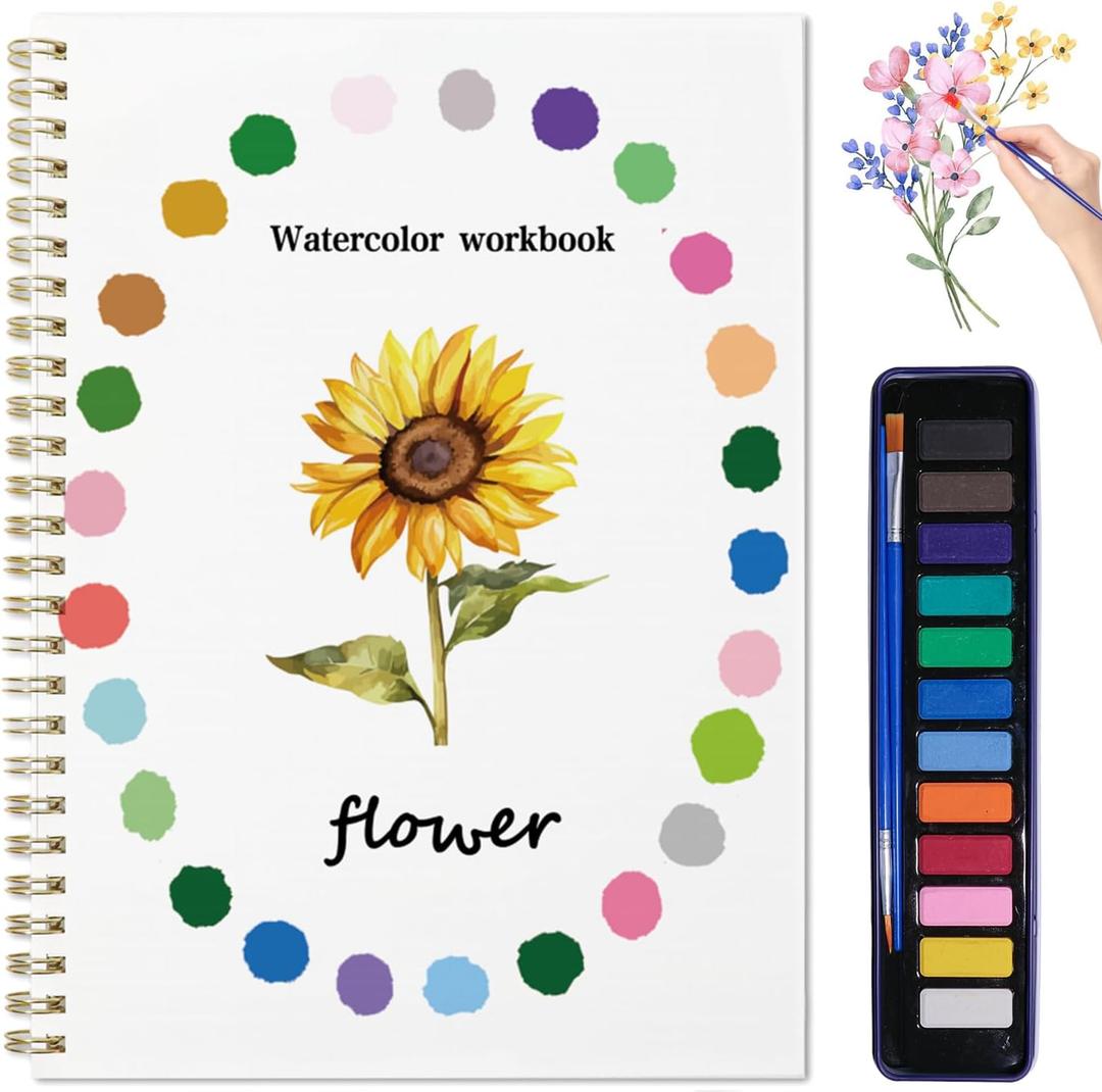 Beginner Watercolor Painting Kit Watercolor Workbook Coloring Book 12 Colors Paint Set with Brush, Easy Nature Scenes Beginner Friendly Watercolor Paint Set Gift for Adults Teens. (Flower)