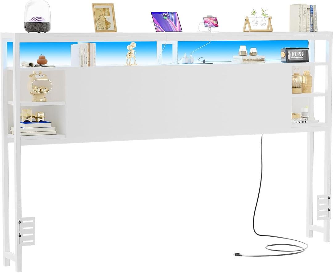 Unikito King Size Headboard with Storage, Headboards with Power Outlets and RGB LED Light, Sturdy Head Board for King Size Bed, Stable Headboards Only for Bedroom, Dorm Room, Guest Room, White