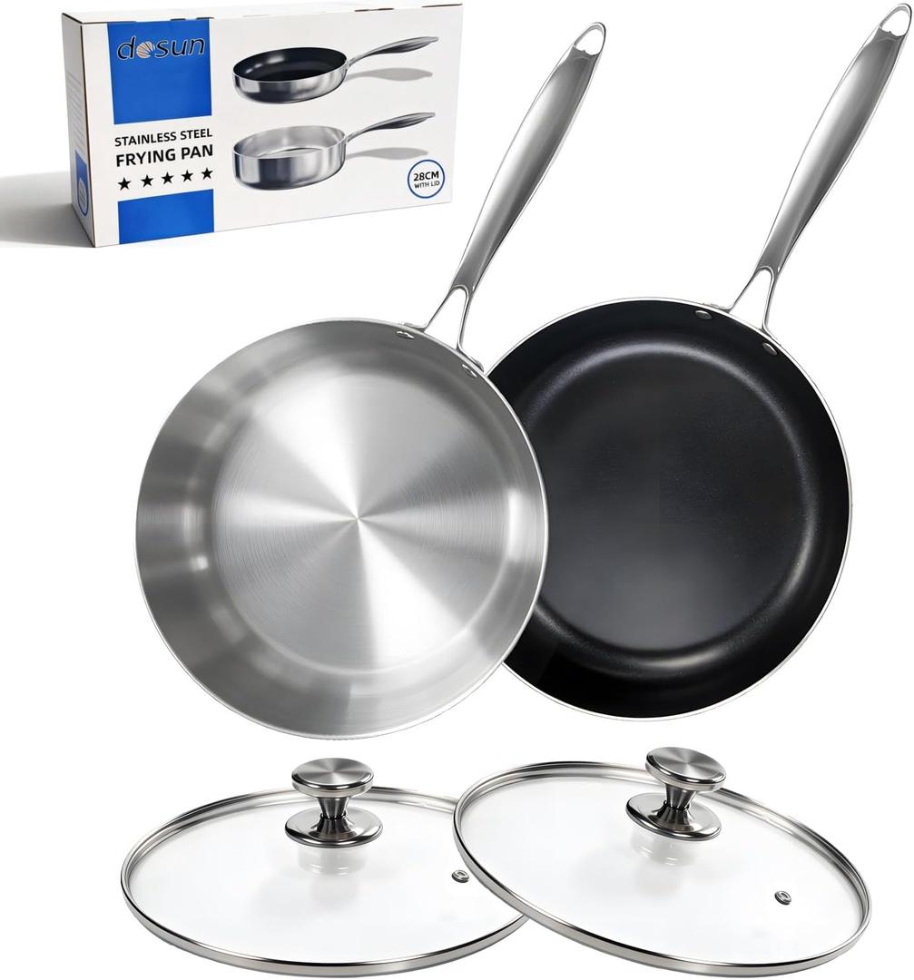 dosun 11 Inch Stainless Steel Frying Pan Set, 2-Piece Skillet with Glass Lid - One Non-Stick Coating & One Uncoated Pan for Home Kitchen, Stovetop Compatible (Induction, Gas, Electric)