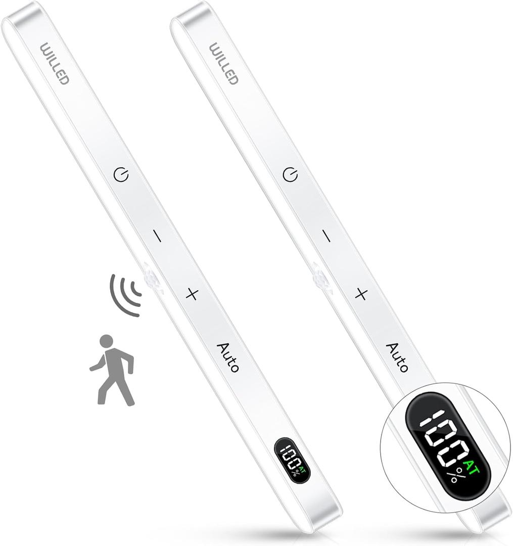 WILLED Under Cabinet Lights Rechargeable, Battery Display, 60 LED Touch Light Bar, Motion Sensor Light Indoor, Battery Operated Closet Light Wireless, Stick on Under Counter Lights for Kitchen(2 Pack) (Cool White 6000K)