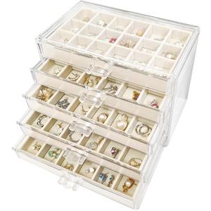 Acrylic Earring Holder Organizer with 5 Drawers Clear Earring Organizer Box with 90 Adjustable Grids Velvet Earring Display Case Jewelry Organizer for Earrings Rings Studs (Beige)