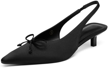 Coutgo Womens Slingback Kitten Low Heels Dress Shoes Closed Pointed Toe Bow Tie Slip on Office Work Pumps, 7, Black