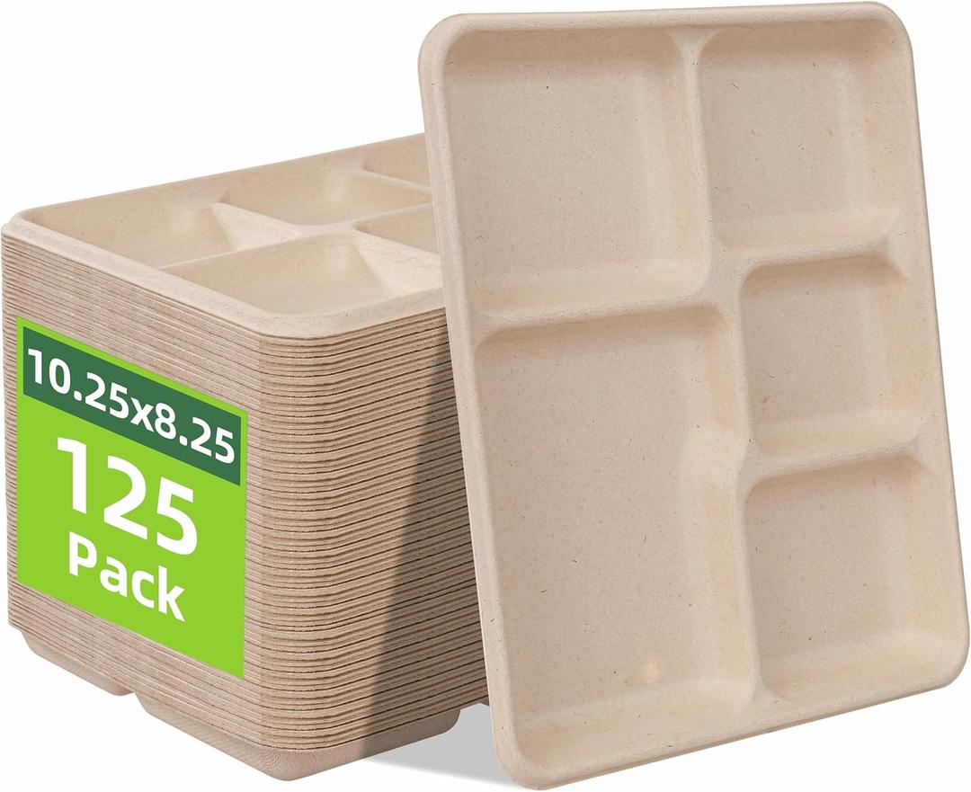 WELLIFE 100% Compostable 5 Compartment Paper Plates, 125 Pack Small Heavy Duty Disposable School Lunch Trays, 10.25 * 8.25 Inch Eco-Friendly Bagasse Plates for Boys, Girls and Youth (BPA Free) (Natural)