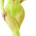Avidlove Women Lingeries Long Sleeve Fishnet Body Stocking Leopard Sexy Outfit Rhinestone Body Suits Cut Out Jumpsuit (Neon Green)