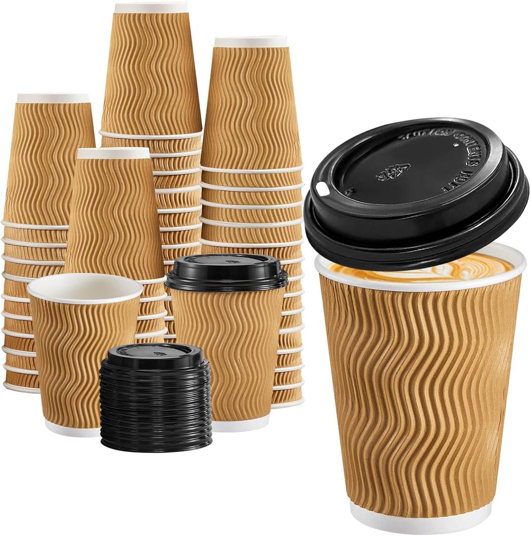 Lamosi 100 Pack 12 oz Insulated Disposable Paper Coffee Cups with Lids, To Go Coffee Cups with Lids, Corrugated Ripple wall Cup for Hot Drink (Champagne)