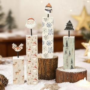 2 x Yerliker 4 Pcs Neutral Christmas Wooden Tiered Tray Decor Set Winter Wood Table Centerpieces Elk Tree Snowman Santa Claus Blocks Signs for Rustic Farmhouse Home Mantle Office Mantel Shelf Desk Decor