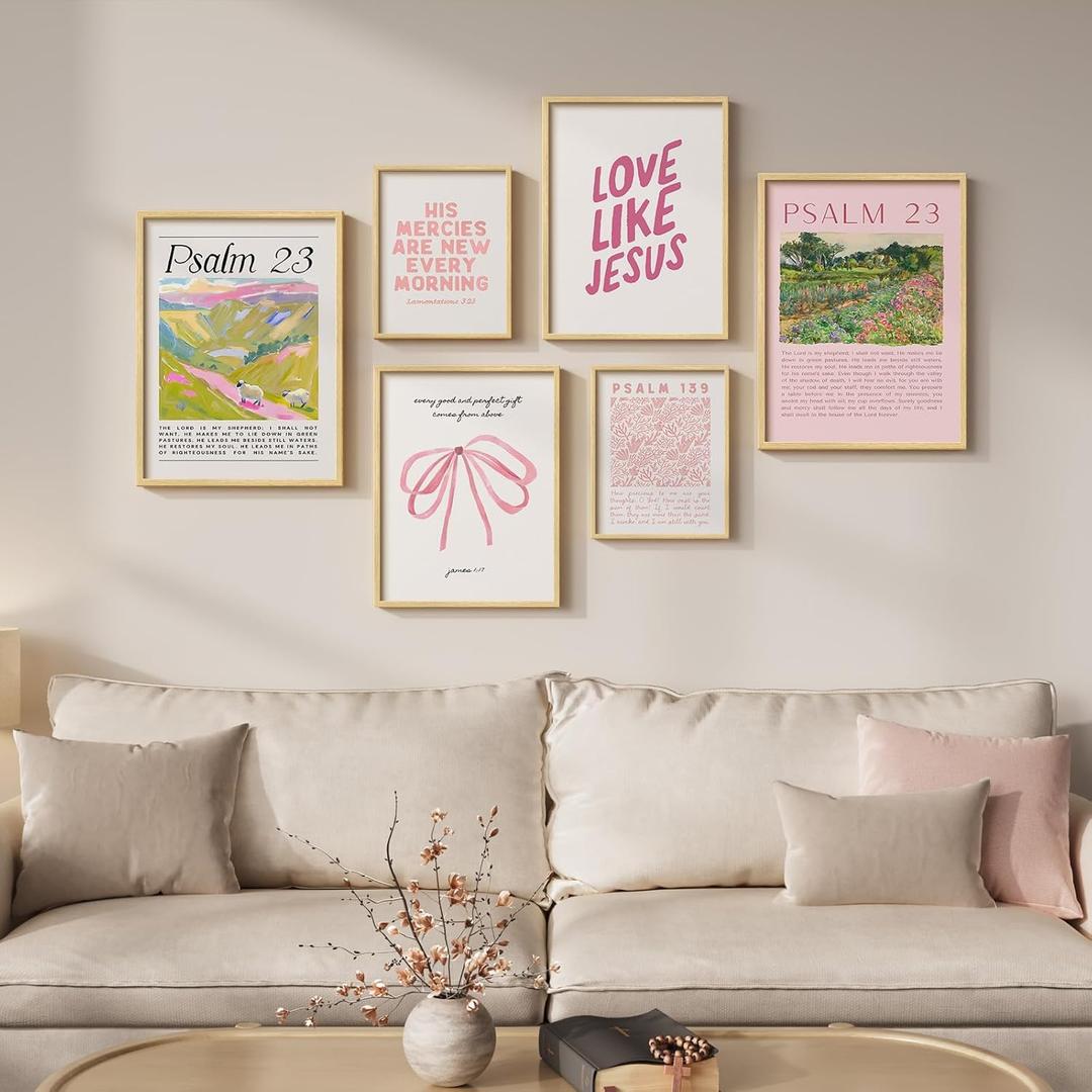 Framed Christian Canvas Wall Art Set of 6, Pink Scripture Prints with Bible Verse Quotes and Preppy Inspirational Artwork, Religious Decor for Living Room Bedroom Kids Room Nursery Prayer Room (11"Wx14"H x 2Pcs 12"Wx16"H x 2Pcs 8"Wx10"H x 2Pcs)