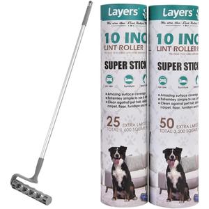Layers Large Mega 10in Wide Roller 75 Sheets, 2 Pack Wide Refills with 4-Foot Extendable Handle