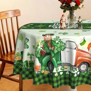 Hexagram Round St Patricks Day Tablecloth 70 Inch, St Patrick's Green Shamrocks Gnome Happy Truck Buffalo Plaid Tablecloths Cover for Party Home Dinner Decor