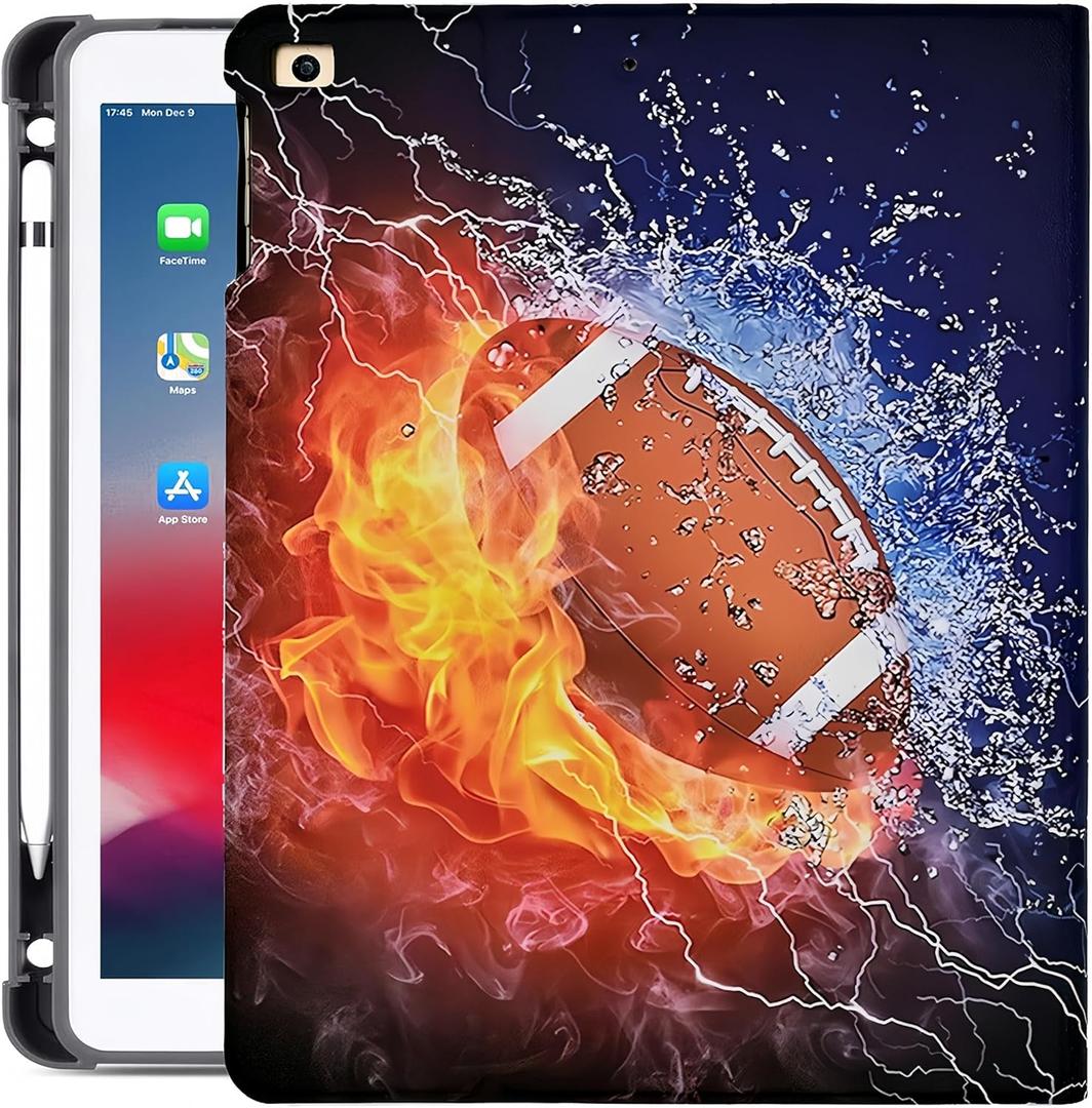 Rotating Case for iPad 9th/8th/7th Generation 10.2 Inch 2021/2020/2019, 360 Degree Swiveling PU Leather Folio Stand Cover with Pencil Holder - Auto Wake/Sleep American Football Fire Water
