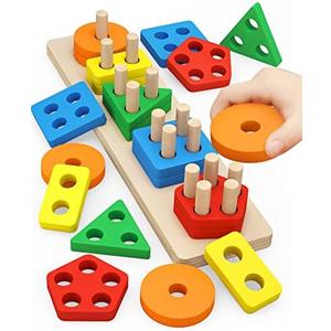 PEBIRA Montessori Toys for 1 to 3-Year-Old Boys Girls Toddlers, Wooden Sorting & Stacking Toys for Toddlers and Kids Preschool, Educational Color Recognition Shape Sorter, Learning Puzzles Gift