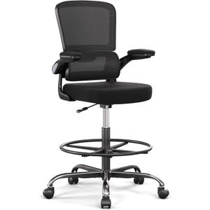 Ergonomic Drafting Chair with Footrest,Tall Office Chair for Standing Desk with Flip-up Armrests with Breathable Comfy Mesh Support and Adjustable Foot Rest Ring(Black)