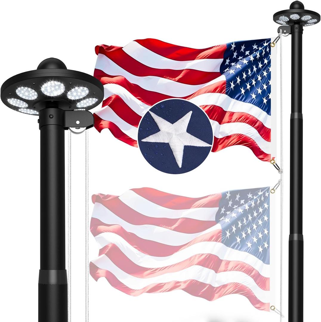 10 Gauge Heavy Duty Flag Pole Kit Light Solar, 120MPH 3mm Thick Flagpole Hardware Kit for 2 Flag for Outside House In Ground Use, 25FT Black with One 3x5 Flag