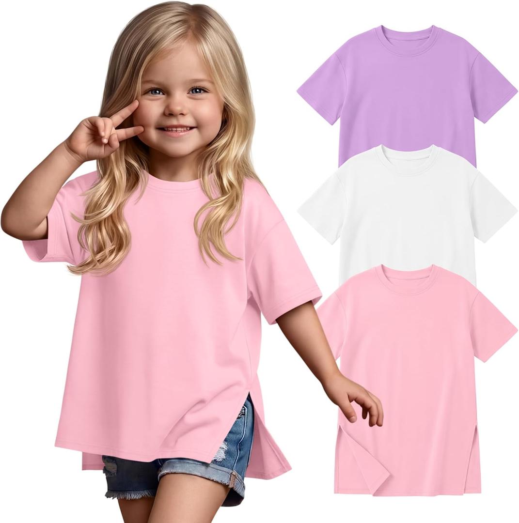 YooAurvox 3 Pack Toddler Girls' Oversized Shirts Short Sleeve Crew Neck Tops Side Slit Summer Tees Loose Casual Basic T Shirt(Light Purple, White, Light Pink, 4T)