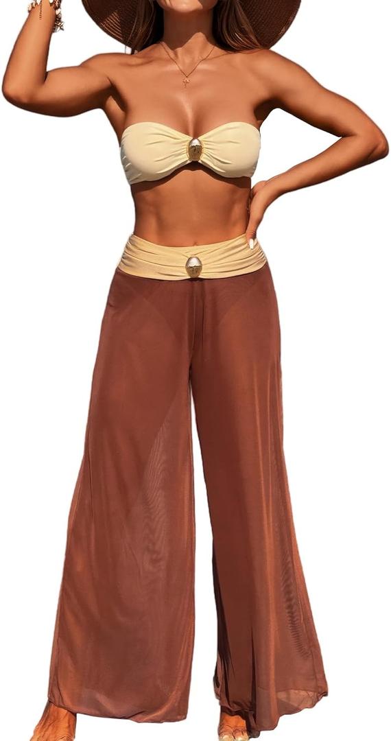 3 Piece Swimsuits for Women Tummy Control Bikini Set with Beach Cover Up Mesh Pants Sexy Tube Tops Swimwear (Small, Brown 02)