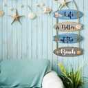 Wooden Surfboard Beach Decor Sign Beach Bathroom Decor Sign Summer Blue Nautical Coastal Wall Art with Seashells Starfish Rope Hanger Ocean Theme Hanging Ornament for Living Room Bedroom