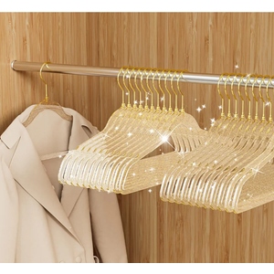 50 Pack Clear Plastic Hangers with Gold Glitter, Acrylic, Ultra Slim, Space Saving, for Coats, Pants, Suits, Shirts, Skirts, Dress Clothes