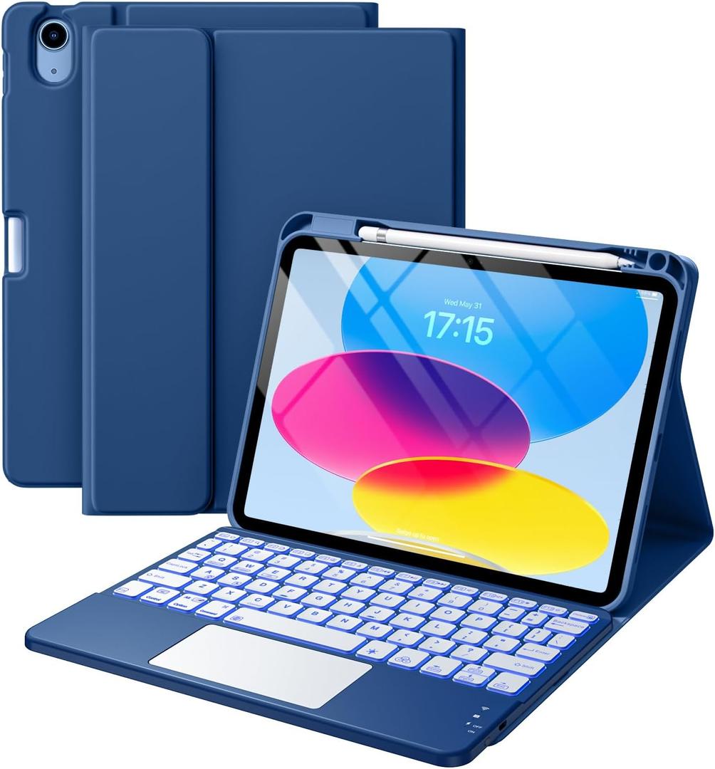Compatible for iPad 11th 10th Generation Case with Keyboard, Folio Cover with Pencil Holder, Multi-Touch Trackpad, 7 Color Backlit, Detachable Keyboard for iPad (A16) 11th/10th Gen (Navy Blue)