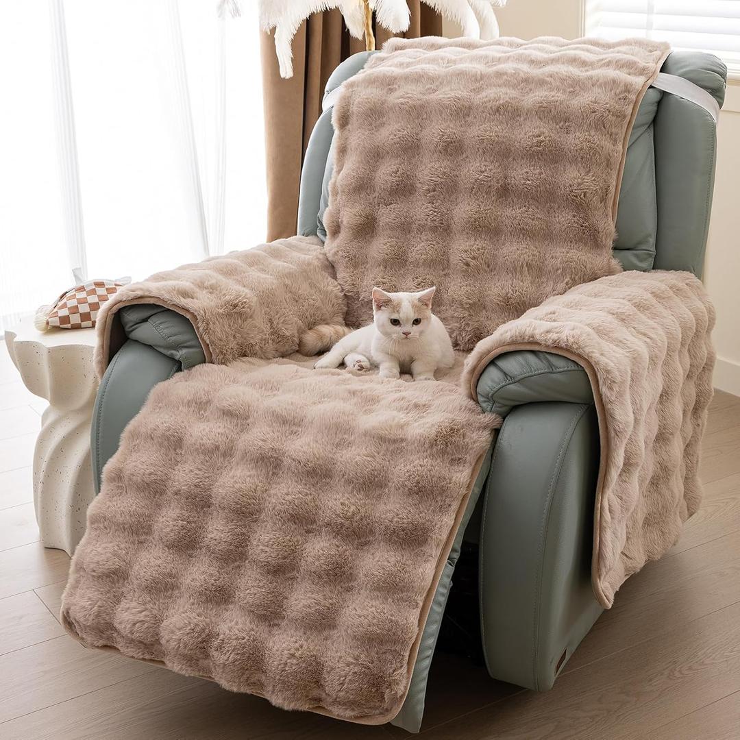 LiveGo Thick Rabbit Plush Recliner Slipcover 23 Inches Chair Covers Lazy Boy Recliner Chair Cover Quilted Cover for Recliner Chairs and Furniture (Light Brown)