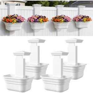 Hanging Planters for Outdoor Plants - Fence Hanging Planters for PVC Fence, Plant Hangers Hanging Plant Flower Pots White with Post Caps for Garden Yard Decor, Easy Install - 4 Pack