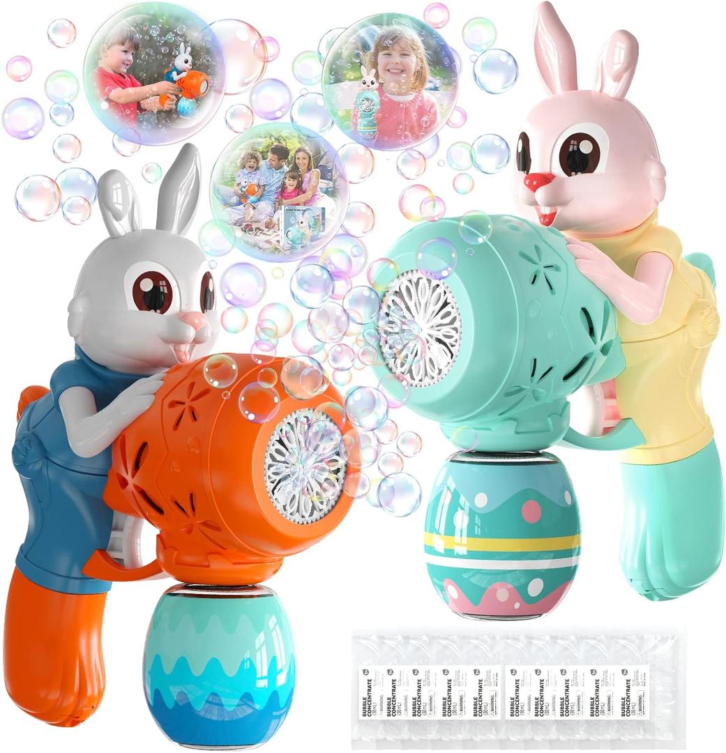 Bubble Guns for Toddlers,2pcs Rabbit Bubble Machine for Kids,Automatic Bubble Blower with 10 Bubble Solutions,Outdoor Toys Easter Baskets Stuffers Gift for Age 3 4 5 6 7 8 Years Old Boys Girls (Blue & Orange)