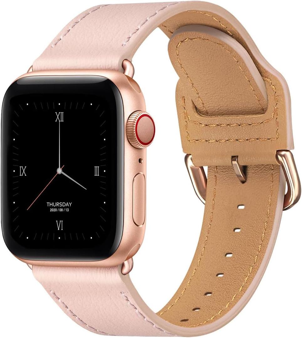 POWER PRIMACY Leather Bands Compatible with Apple Watch Band 49mm 46mm 45mm 44mm 42mm-Series 3 2 1,Genuine Leather Strap Compatible for Women Men iWatch Ultra SE Series 11 10 9 8 7 6 5 4(Sandy Pink/Rosegold)