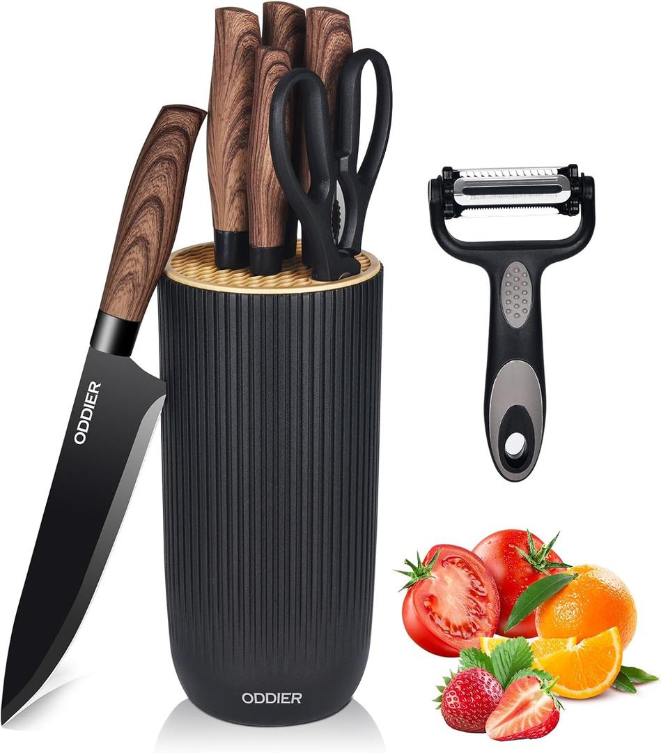 Knife Set, 8 Piece Kitchen Knife Set, Stainless Steel Knives Set for Kitchen, Universal Knife Block Set, Kitchen Kinfe Essentials, New Home Apartment Essentials, Dishwasher Safe (Black woodgrain)