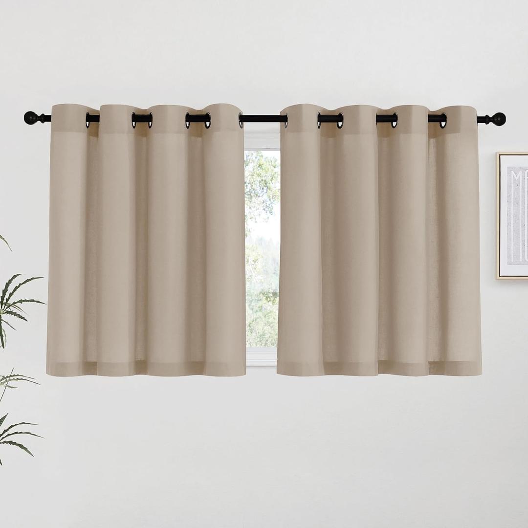 NICETOWN Taupe Linen Kitchen Curtains 36 inch Length, Decorative Thick Flax Small Window Treatments Privacy Assured with Light Filtering for Bedroom/Bathroom, W55 x L36, 2 Panels
