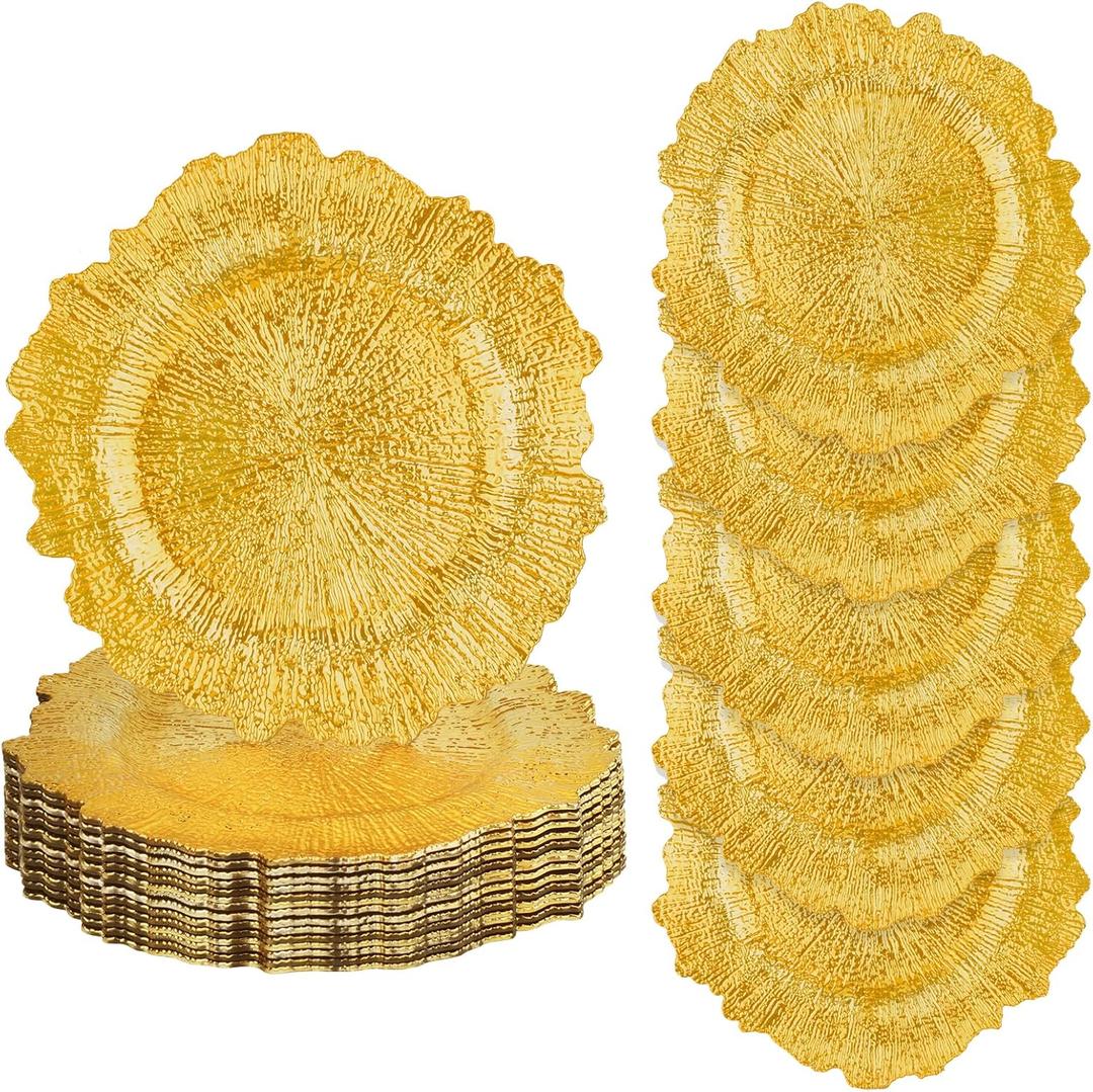 20PCS Bright Gold Charger Plates Bulk- 13in Round Plastic Chargers for Dinner Plates- Floral Reef Table Plate Chargers for Wedding, Halloween, Thanksgiving, Christmas, Party, Display