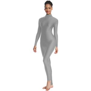 Adult High Neck Long Sleeve Dance Unitard for Women Bodysuits Full Body Leotard Spandex Catsuit (Gray), Size 2XL