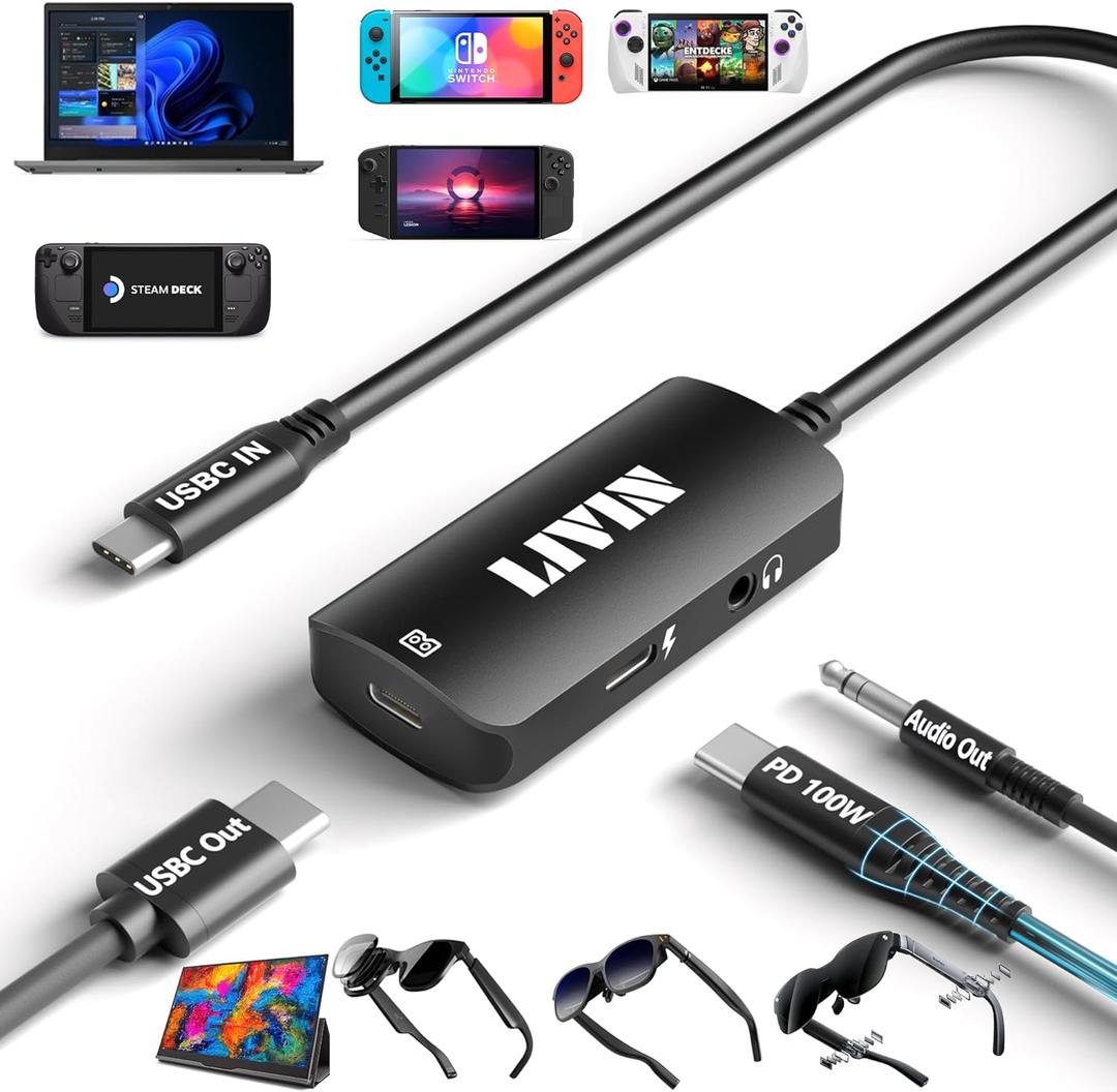 LIVIN USB C to Portable MonitorAR Glasses XREAL OneAir 2 Pro/VITURE Pro/RayNeo Air 2s3s/Rokid,4K@60Hz+PD 100W+Audio 3.5mm,USB C to Type C Adapter iPhone15/16AndroidPCSwitchSteam DeckRog Ally