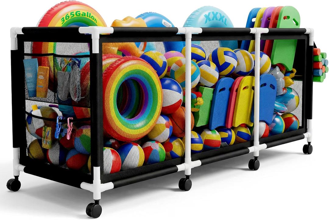 365 Gallon 103" Pool Storage Bin XXXL Extra Large Swimming Pool Float Storage Bin, Pool Noodles Holder, Toys, Floats and Balls Mesh Rolling Storage Organizer Bin, 103" Lx32 Wx35 H (Black)
