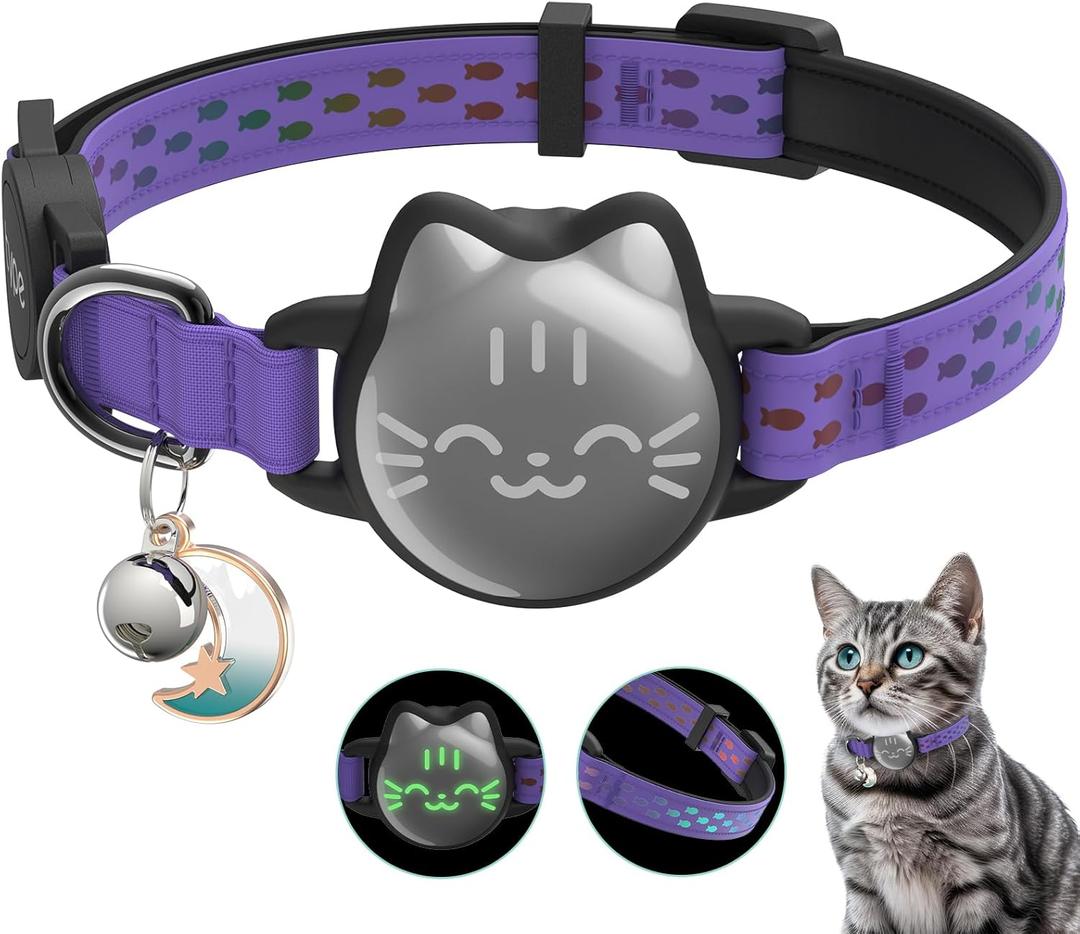 Waterproof Airtag Cat Collar, Breakaway Cat Airtag Collar with Luminous & Reflective Pattern Strap, Lightweight Kitten Collars for Apple Air tag, Hidden Holder for GPS Tracker - Cats, Kittens (9-13") (Regal Purple)