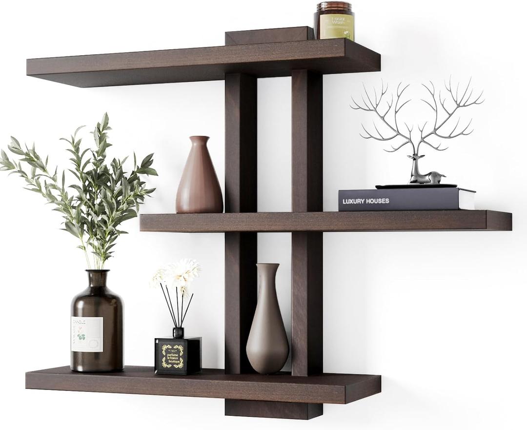 yaqew Variable Wood Floating Shelves Set of 3, Wall Cube Shelves 28.35" Max, Wall Shelves for Living Room Bathroom Bedroom - Dark Walnut Color - 28.35" x 23" x 5.9" Max, 5.9" deep