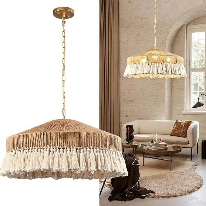 ADCTHOME Rattan Pendant Light Fixture, 3-Lights Boho Hanging Light Fixture,Hand-Woven Wicker Flush Mount Hanging Lamp, Adjustable Chandelier for Kitchen Island Dining Room Living Room Hallway