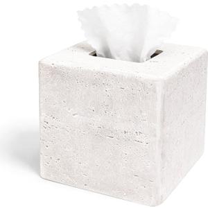 Decorative Square Tissue Box Cover  White Resin Tissue Holder for Bathroom, Bedroom, Countertop, Modern Stone-Look Tissue Box