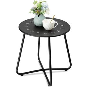 danpinera Outdoor Side Tables with Flower Cut Outs, Weather Resistant Steel Patio Side Table, Small Round Outdoor End Table Metal Side Table for Patio Yard Balcony Garden Black