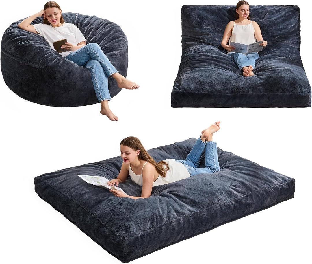 Hobestluk Bean Bag Chair Convertible Beanbag Chairs for Adults, 3 in 1 Bean Bag with Plush Faux Fur Cover, Adult Bean Bag Chair for Living Room, Bedroom (Grey, Full)