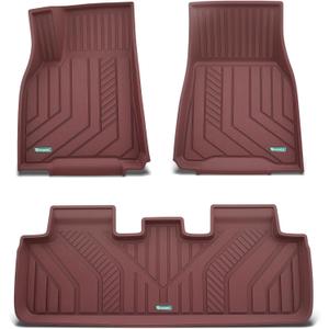 YHTAUTO Floor Mats Compatible with Tesla Model Y 2025-2020 (5-Seat, Not for Juniper), TPE Floor Liners All Weather Custom Fit, 1st & 2nd Row, Set of 3, Red