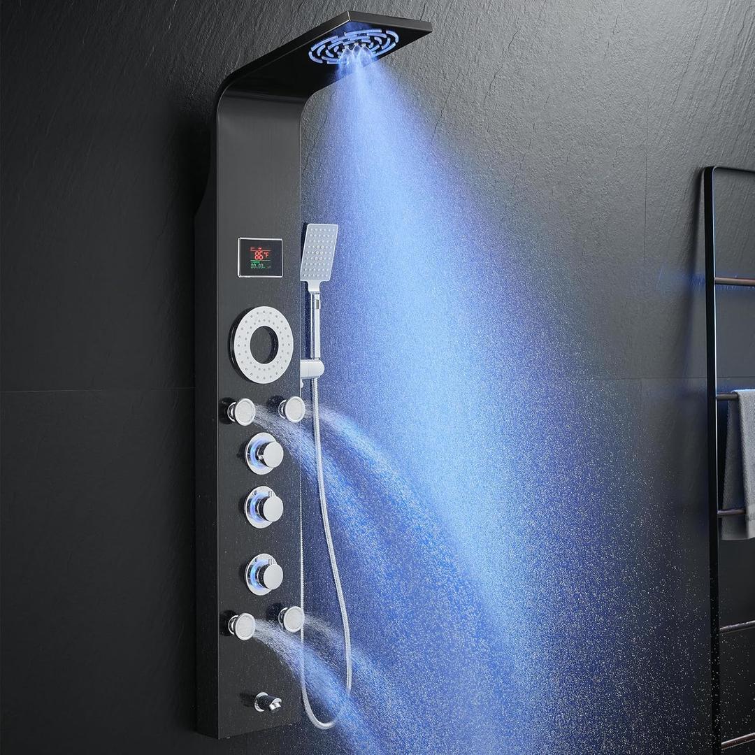 ROVOGO Shower Panel Tower System with Rainfall Mist Shower Head, Body Jets, Handheld and Tub Spout, Led Lights and Temp Display No Battery Needed, Unibody Shower Column 304 Stainless Steel Black (Black-6 Modes)